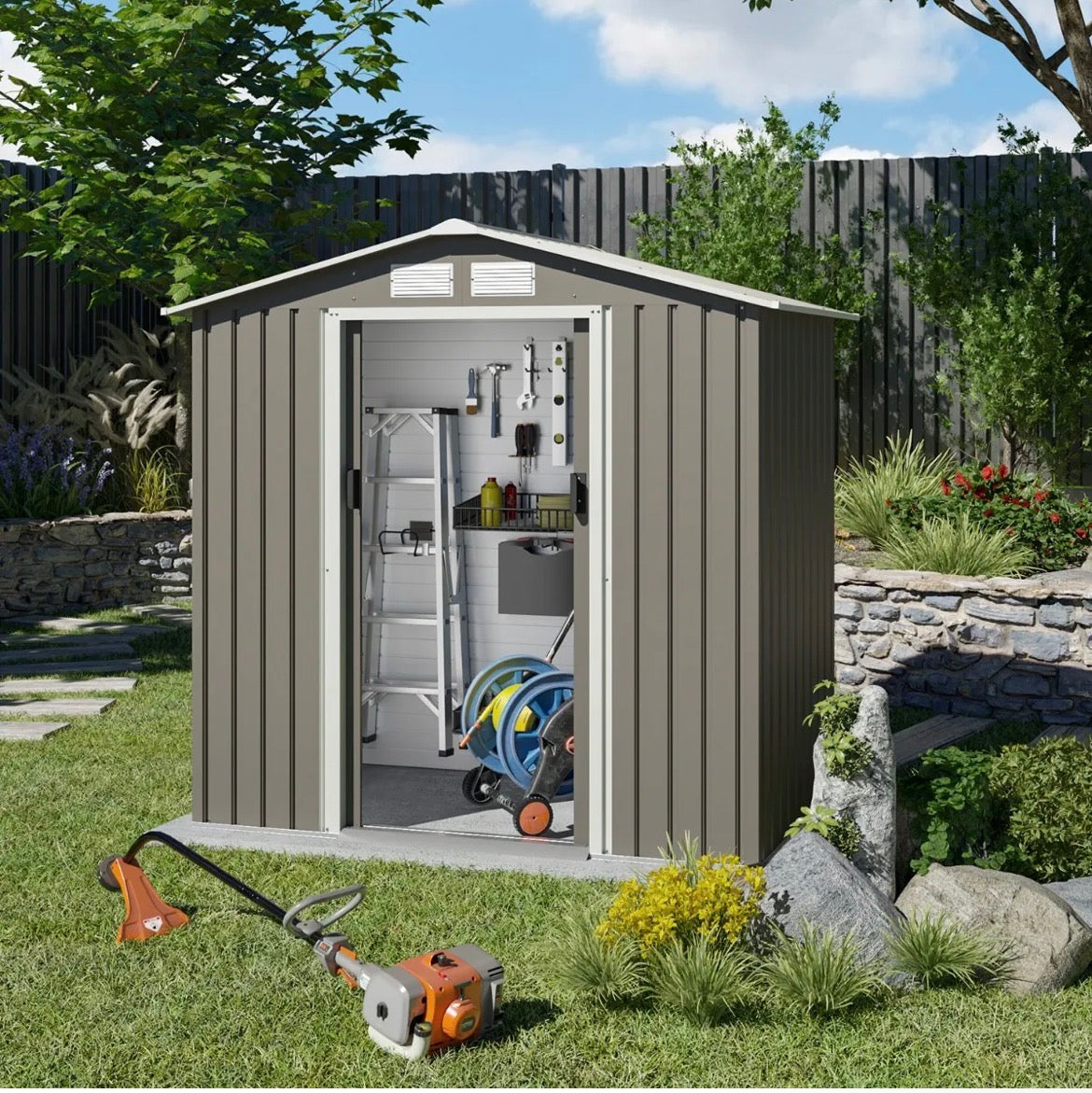 Abri de jardin métal gris/vert 2,12 m² + kit d'ancrage